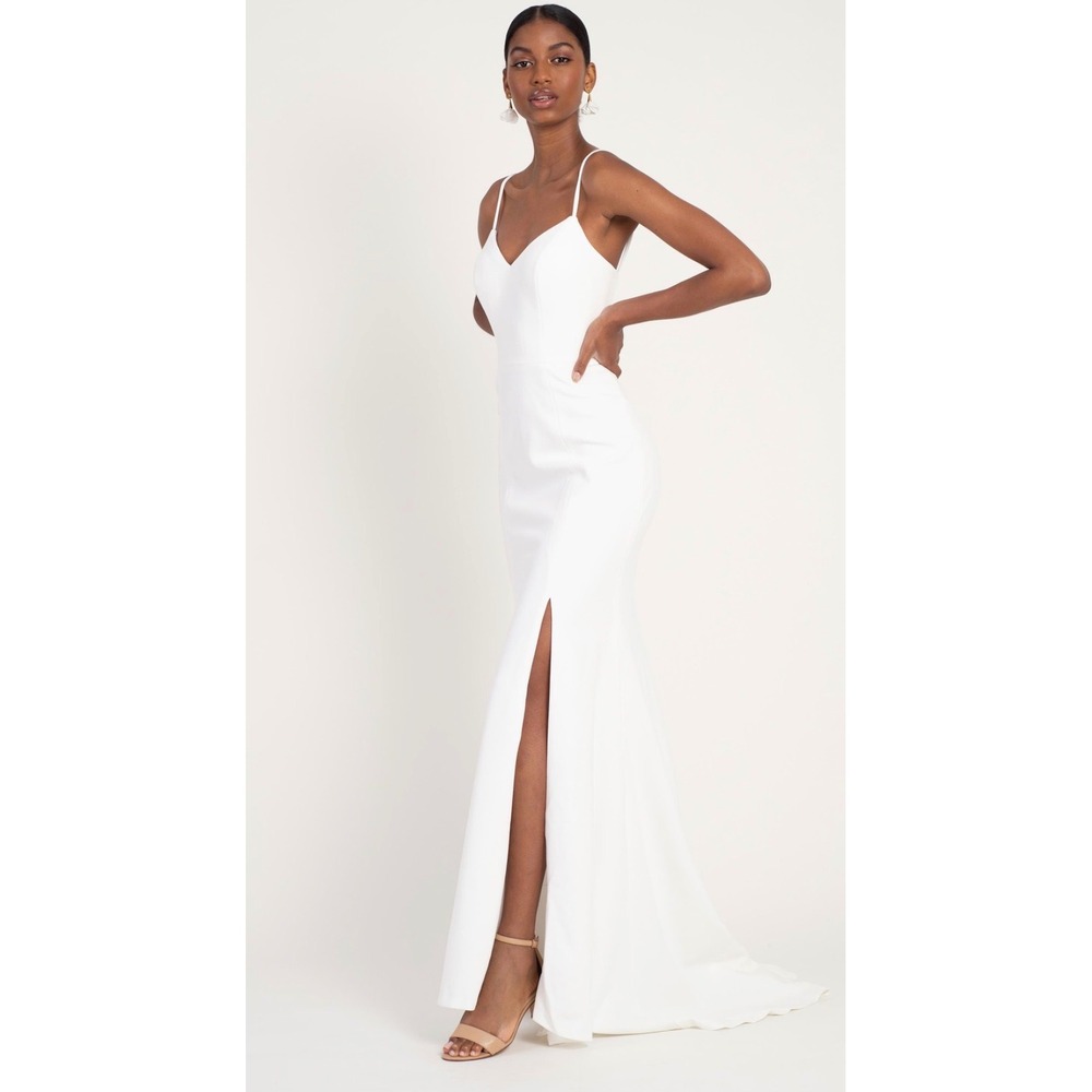 Jenny Yoo Lawrence Antique White Crepe V-Neck Mermaid‎ Gown with Slit and Train